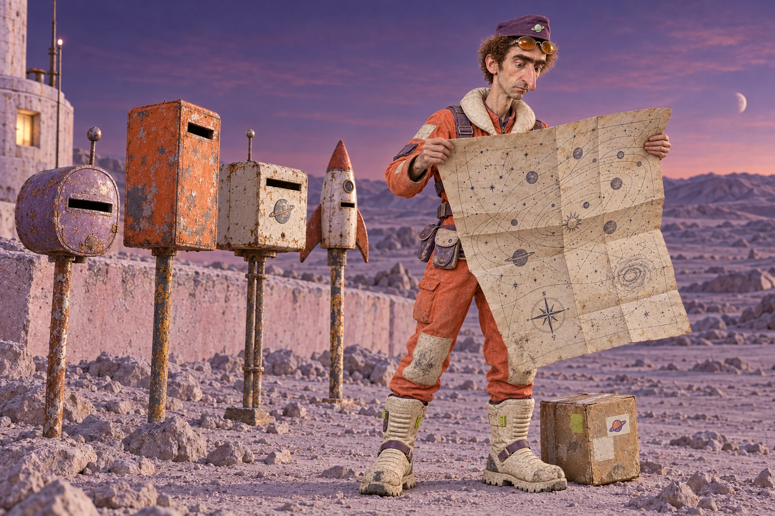 Rocco studies an oversized star map, printed side facing away from him, beside a row of battered lunar postboxes, with his parcel at his feet.