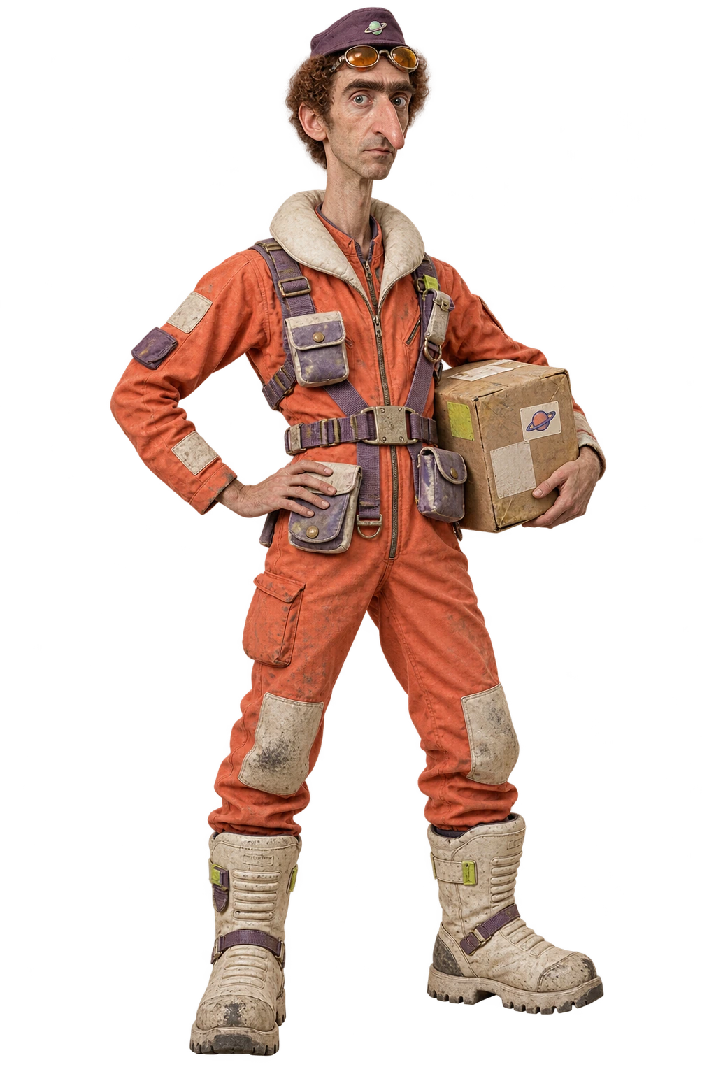 Rocco, a very serious space postman with a huge nose, orange uniform and one battered parcel.